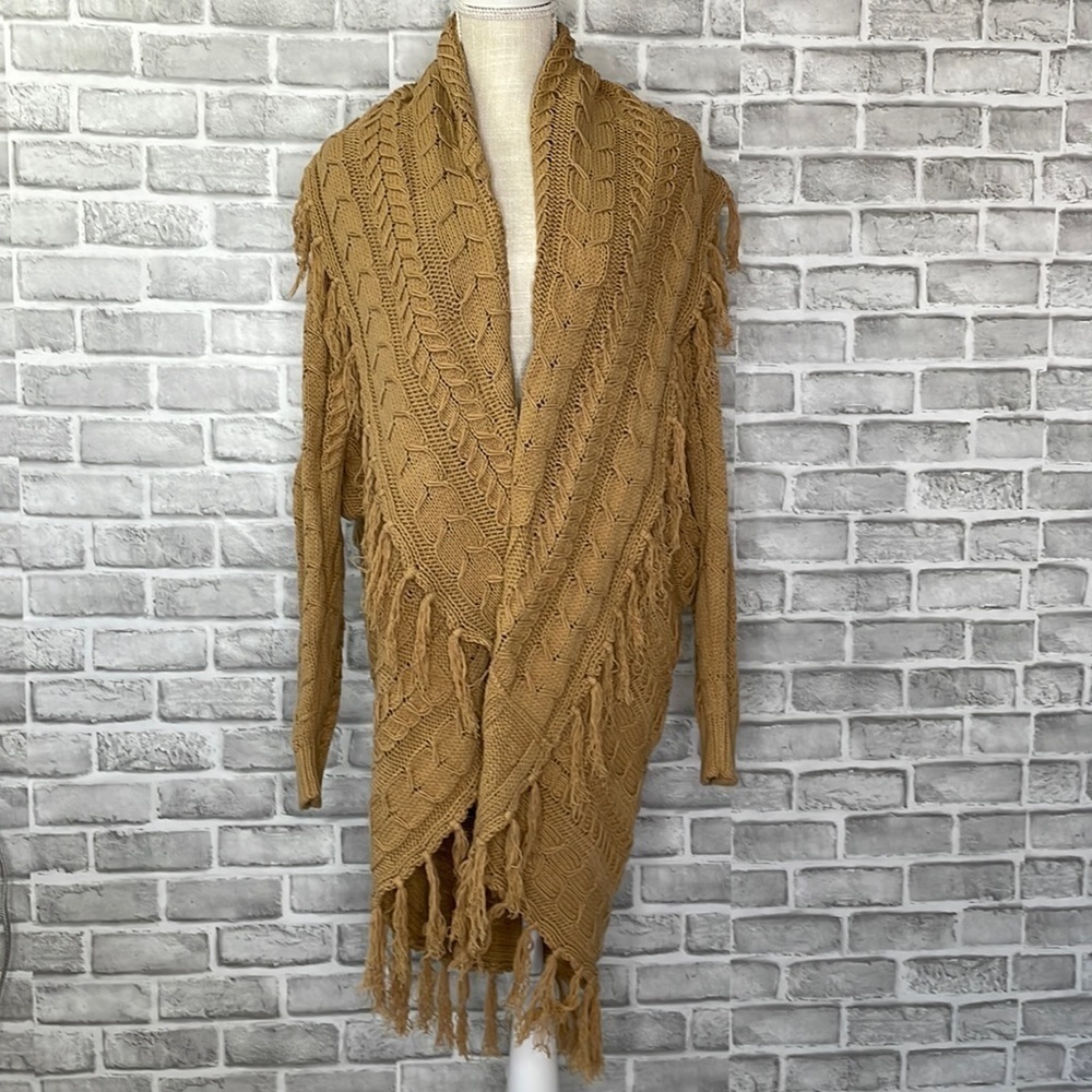 Cozy Fringe Cable-Knit Open Front Cardigan - Camel